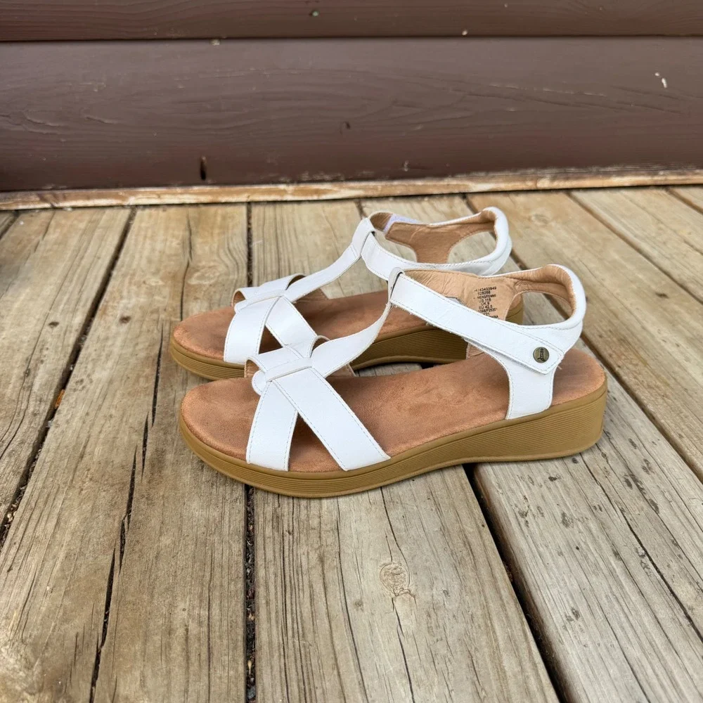 Lands' End Wedge Sandals Womens 11B White T-Strap Comfort Summer Shoes‎